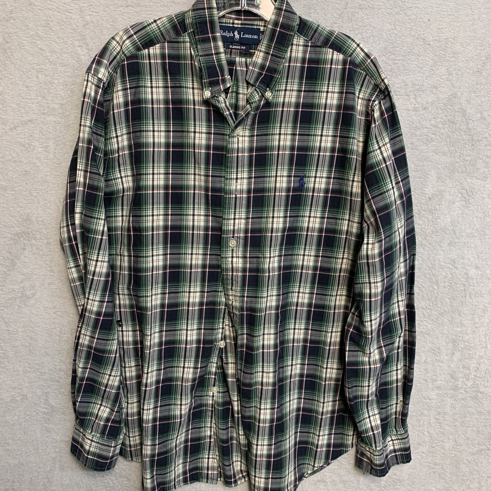 Ralph Lauren Button Down Mens L Green Plaid Excellent Classic Fit Long Sleeve
